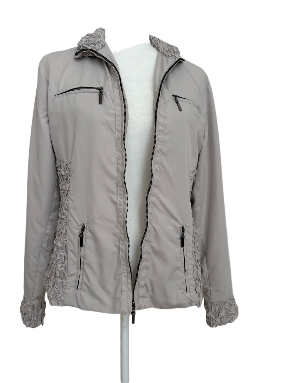 Luii Anthropologie Light Beige Zip-Front Jacket with Ruffle Insets and Pockets